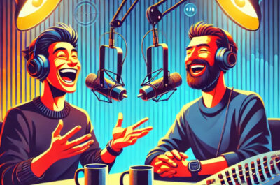 Ein stilisiertes, modernes Digitalbild eines Comedy-Podcast-Setups. Zwei Podcaster sitzen in einem lebhaften Studio, lachen und sprechen in Mikrofone. Die Szene ist dynamisch mit kräftigen Farben, ausdrucksstarken Gesichtern und verspielten Details gestaltet. Kopfhörer, ein Laptop und Studiolichter unterstreichen die professionelle, aber lockere Atmosphäre. Das Bild vermittelt Humor, Energie und den Spaß am Podcasting.