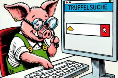 Eine bunte, humorvolle Comic-Illustration zeigt ein Trüffelschwein, das an einem Computer sitzt und im Internet nach Trüffeln sucht.